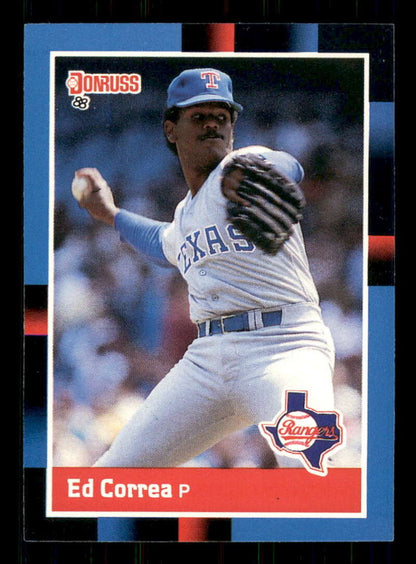 Texas Rangers baseball card of pitcher Ed Correa in throwing motion, 1988 Donruss