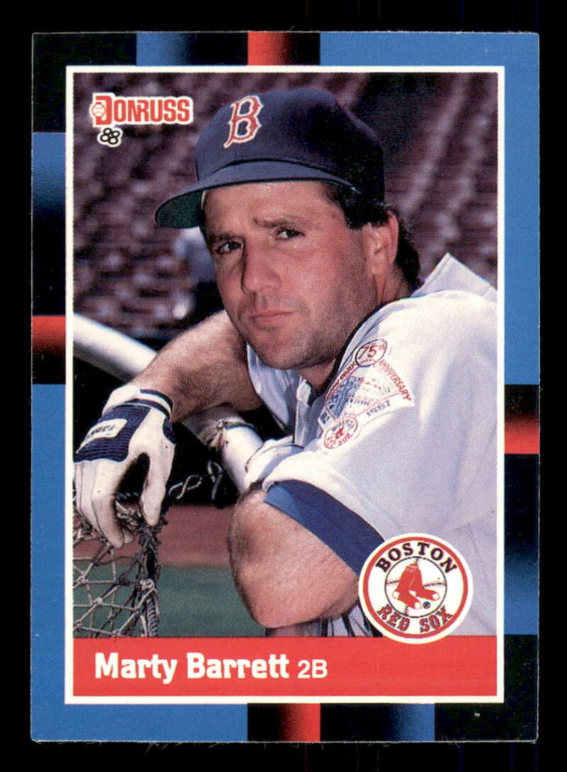 Baseball card of Marty Barrett in batting pose for Boston Red Sox trading cards