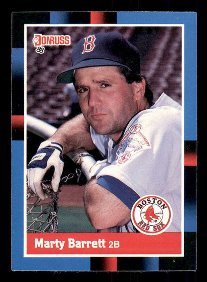 Baseball card of Marty Barrett in batting pose for Boston Red Sox trading cards