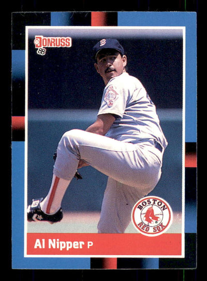 Baseball card of Boston Red Sox pitcher Al Nipper in windup motion from 1988 Donruss