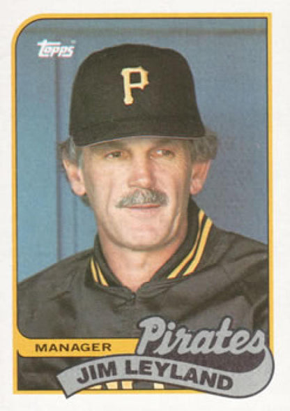 1989 Topps Jim Leyland Baseball Card featuring Pittsburgh Pirates manager in cap