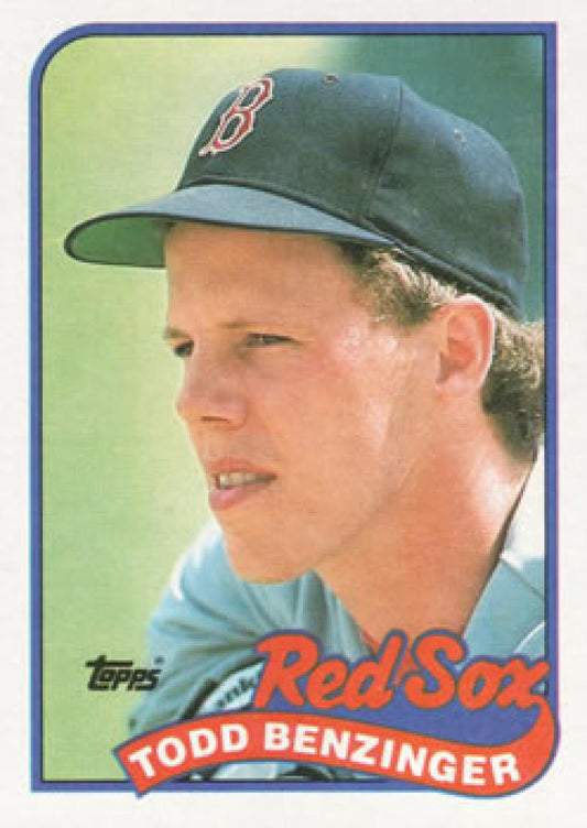 Baseball card of Todd Benzinger in a Boston Red Sox cap from 1989 Topps series