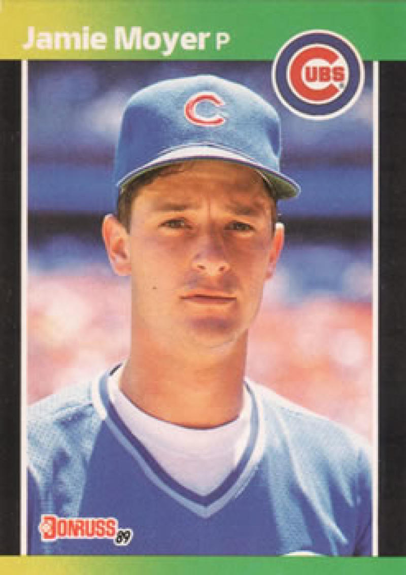 Chicago Cubs Baseball card of Jamie Moyer in blue uniform and cap from 1989 Donruss