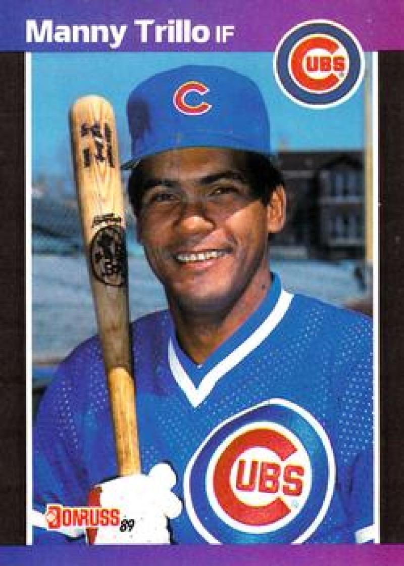 Chicago Cubs baseball card featuring Manny Trillo in a blue uniform with a bat