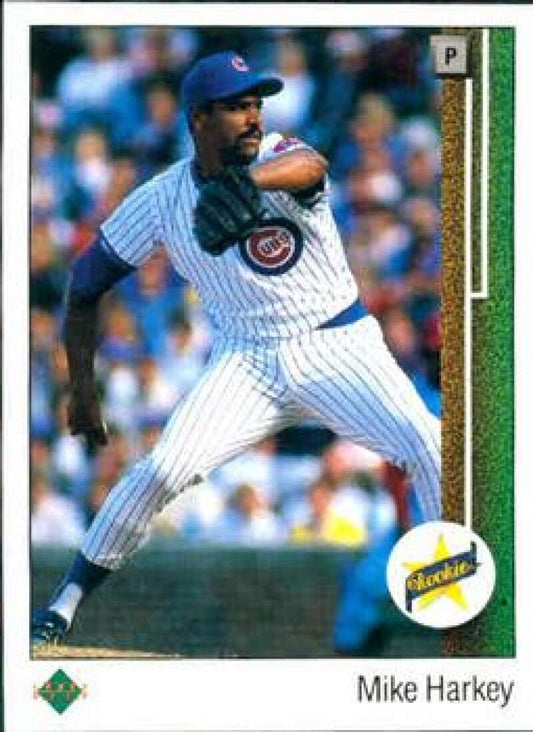 Mike Harkey pitching in pinstripe uniform on 1989 Upper Deck Rookie Card