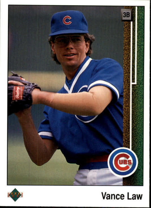 Chicago Cubs pitcher Vance Law in blue uniform on 1989 Upper Deck baseball card