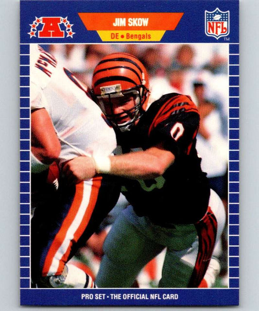 NFL trading card of Jim Skow in black and orange Cincinnati Bengals uniform during game action