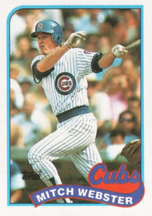 Baseball card of Mitch Webster in Chicago Cubs pinstripe uniform at bat