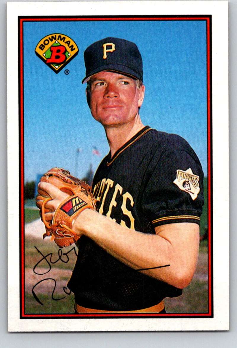 Pittsburgh Pirates Jeff Robinson pitching in black uniform baseball card from 1989 Bowman