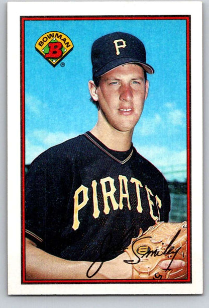 Baseball card of John Smiley in Pittsburgh Pirates black uniform and navy cap