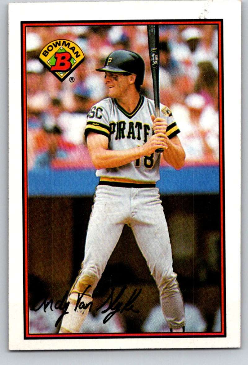 Andy Van Slyke batting in Pittsburgh Pirates uniform on 1989 Bowman baseball card