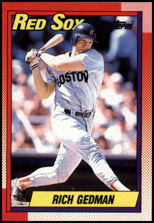 Boston Red Sox player Rich Gedman mid-swing on 1990 Topps baseball card