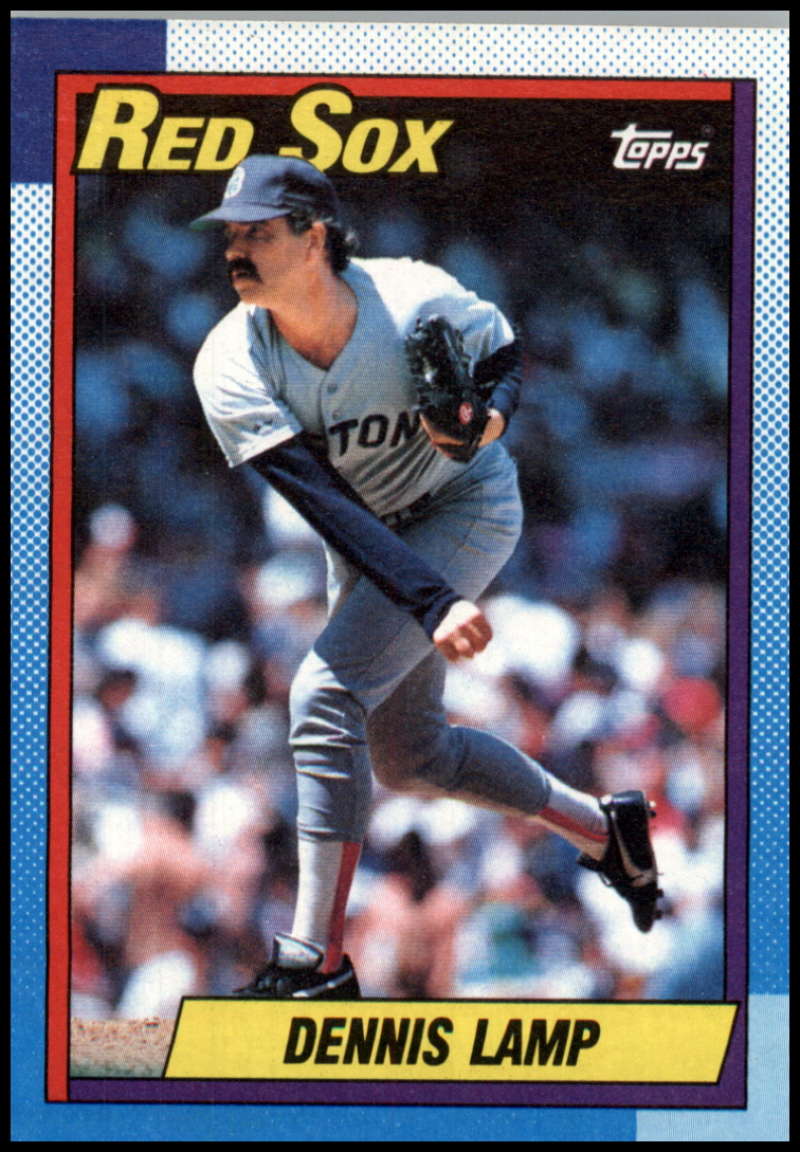 1990 Topps #338 Dennis Lamp baseball card of Boston Red Sox pitcher in delivery motion