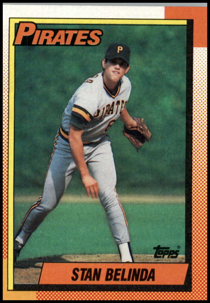 1990 Topps Stan Belinda Rookie Card featuring Pittsburgh Pirates pitcher in fielding stance