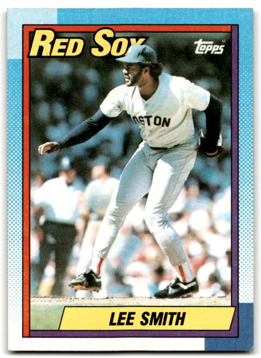 1990 Topps Lee Smith baseball card featuring the Boston Red Sox pitcher in action