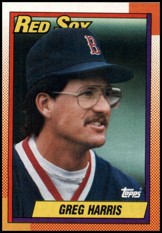 Vintage 1990 Topps Boston Red Sox Greg Harris baseball card with glasses and team cap