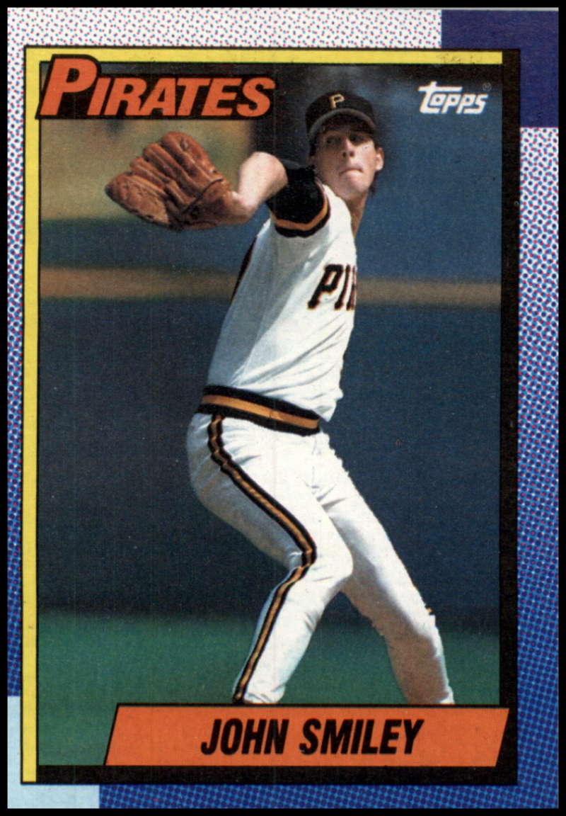 John Smiley mid-delivery in white uniform on 1990 Topps Pittsburgh Pirates baseball card