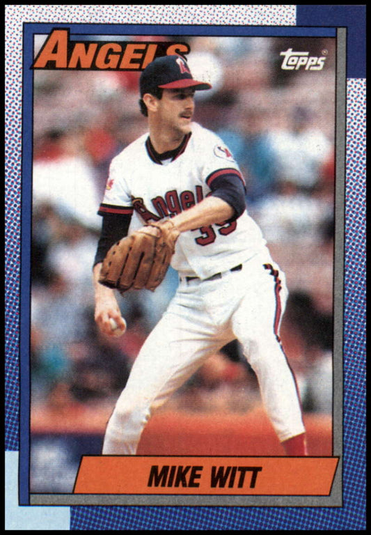 1990 Topps Mike Witt Baseball Card featuring California Angels pitcher mid-delivery