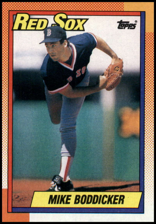 1990 Topps baseball card of Boston Red Sox pitcher Mike Boddicker in delivery