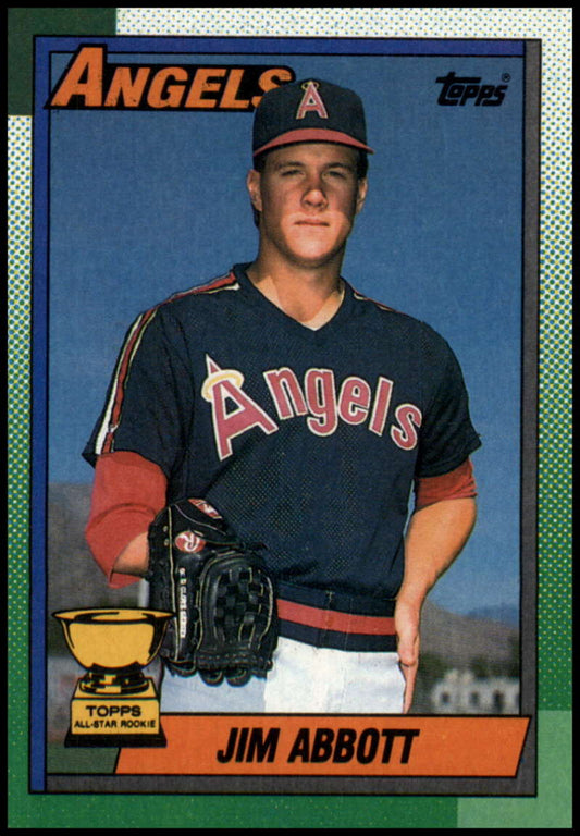 Jim Abbott California Angels Baseball Card in navy blue uniform, 1990 Topps #675