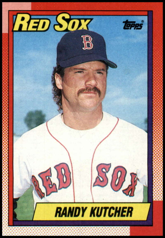 1990 Topps #676 Randy Kutcher Boston Red Sox Baseball Card with mustache in home uniform