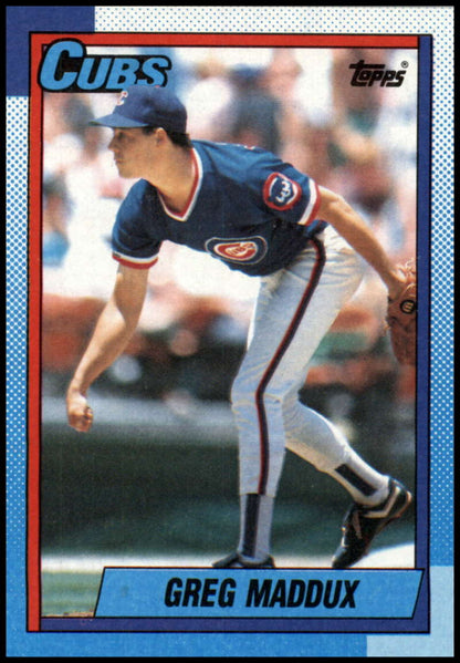 1990 Topps #715 Greg Maddux baseball card featuring Chicago Cubs pitcher in delivery