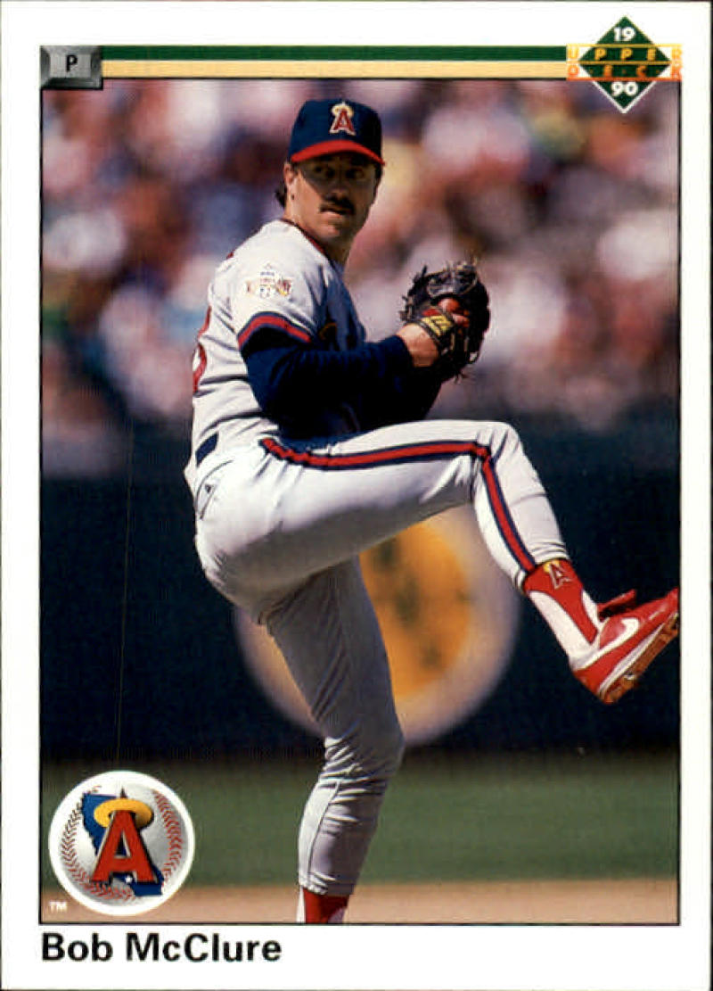 Baseball pitcher Bob McClure in California Angels uniform mid-delivery for Upper Deck card