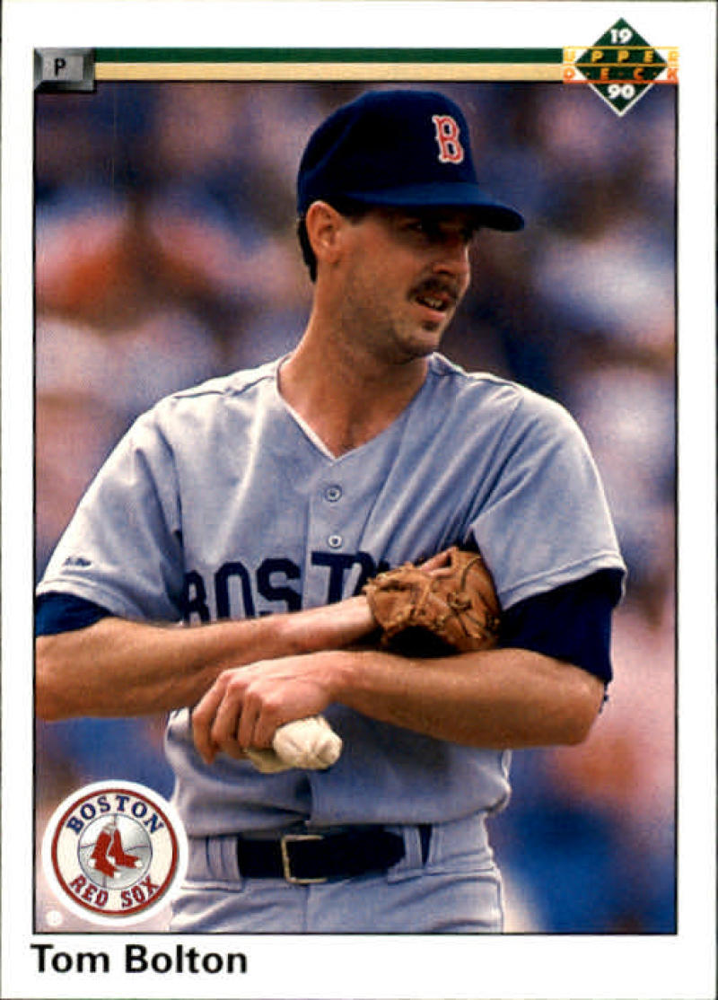 Tom Bolton in gray road uniform holding baseball on 1990 Upper Deck Red Sox card