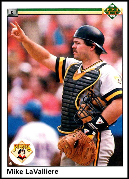 Baseball card of Mike LaValliere in Pittsburgh Pirates black and gold uniform