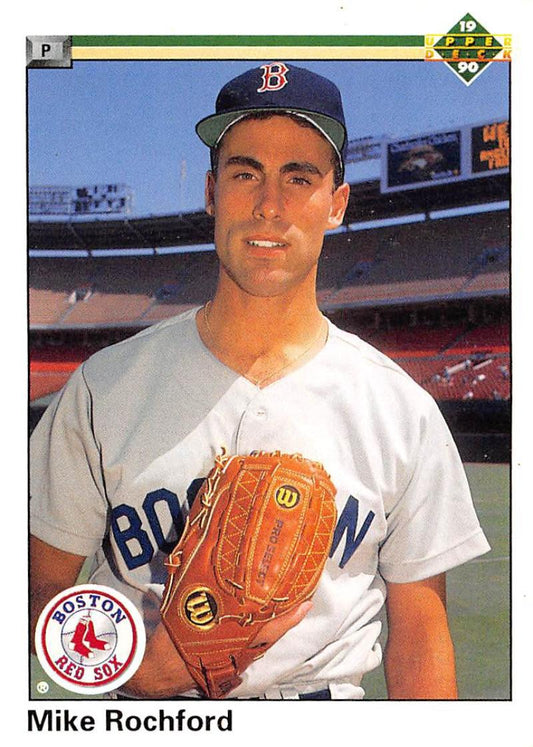 Baseball player in Boston Red Sox uniform holding glove on Mike Rochford card