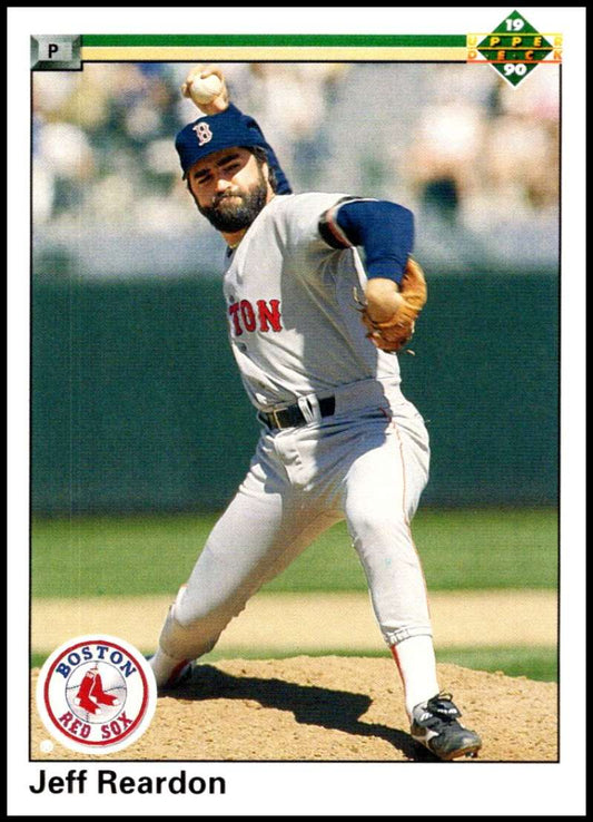 Jeff Reardon pitching in a white uniform for the Boston Red Sox baseball card