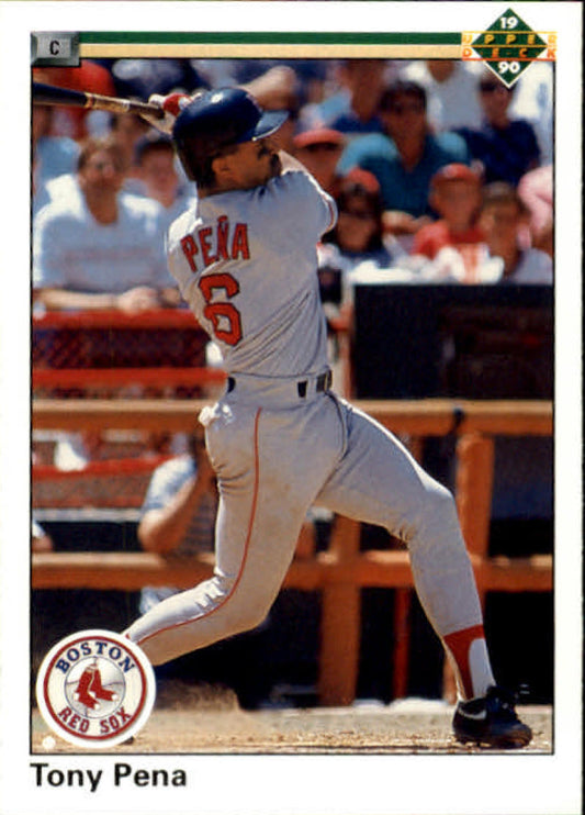 Baseball player in Boston Red Sox uniform swinging bat, featuring Tony Pena