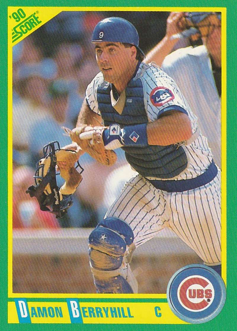 1990 Score baseball card of Damon Berryhill, Chicago Cubs catcher in pinstripes