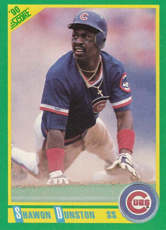 Shawon Dunston sliding into base on a Chicago Cubs baseball card from 1990 Score