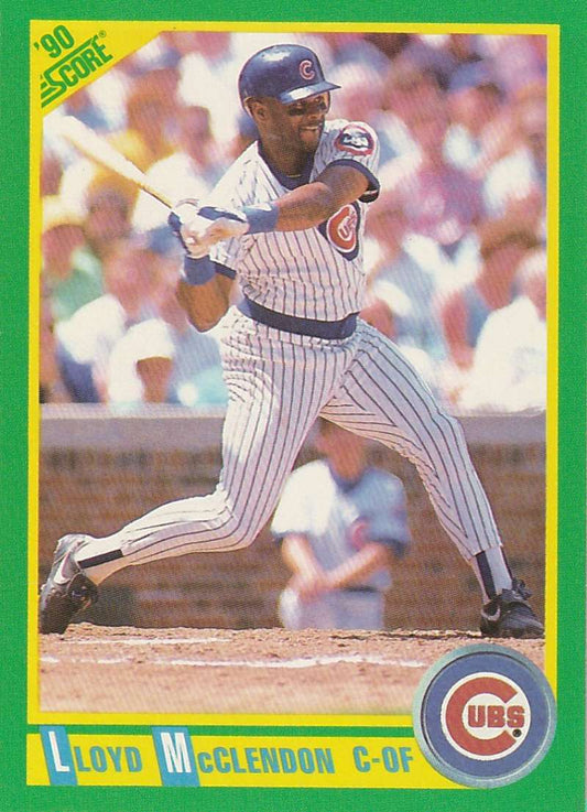 1990 Score baseball card of Lloyd McClendon in Chicago Cubs pinstriped uniform at bat