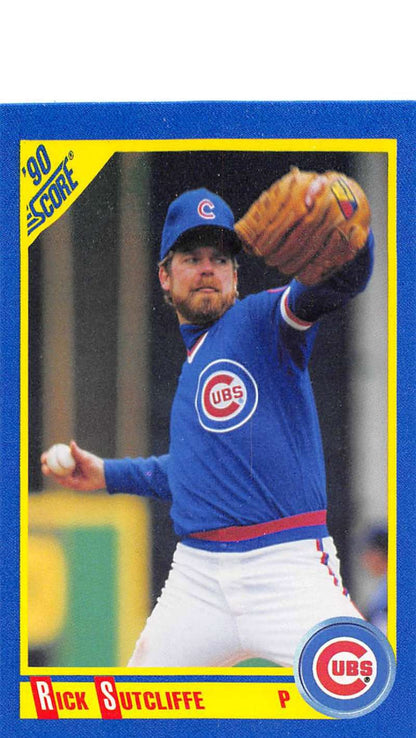 Rick Sutcliffe mid-throw in blue uniform on Chicago Cubs baseball card 1990 Score #450