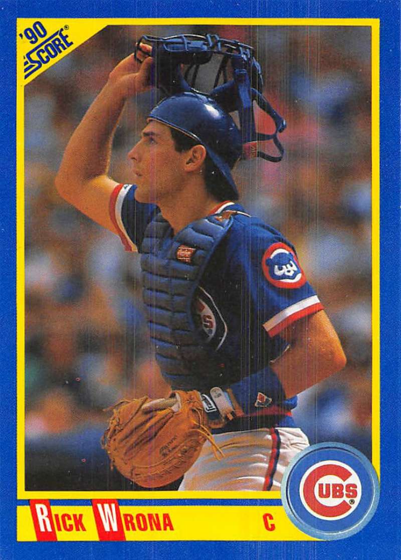 1990 Score #557 Rick Wrona Chicago Cubs Baseball Card with catcher in blue gear