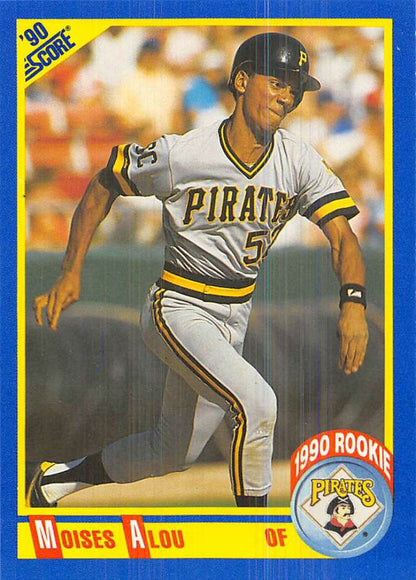 1990 Score #592 Moises Alou NM-MT RC Pittsburgh Pirates Baseball Card in white and yellow