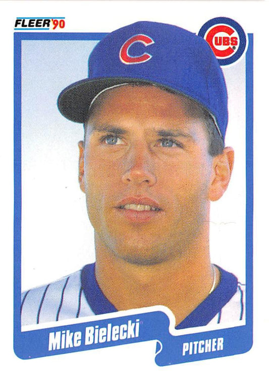 Mike Bielecki Chicago Cubs baseball card in blue cap and white pinstriped uniform