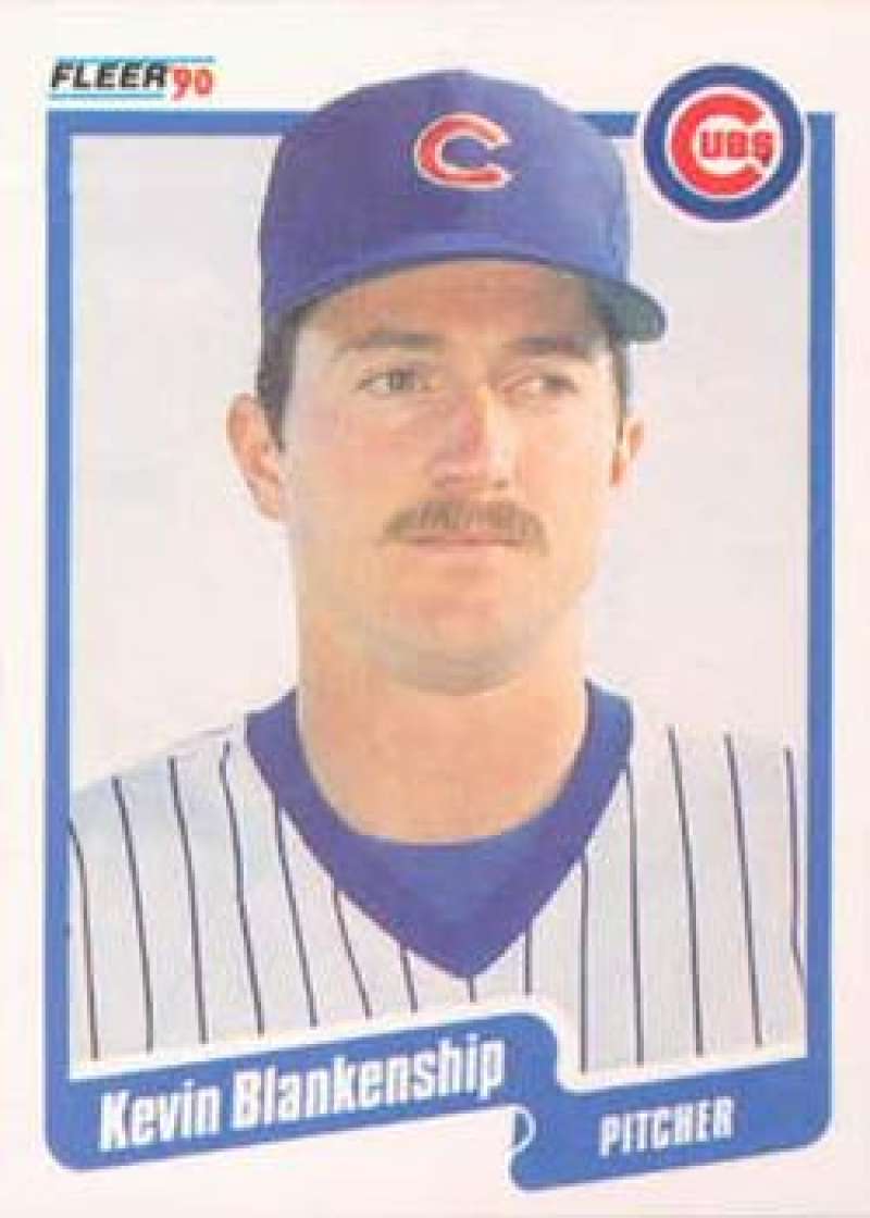 1990 Fleer Kevin Blankenship baseball card featuring Chicago Cubs pitcher in pinstripes