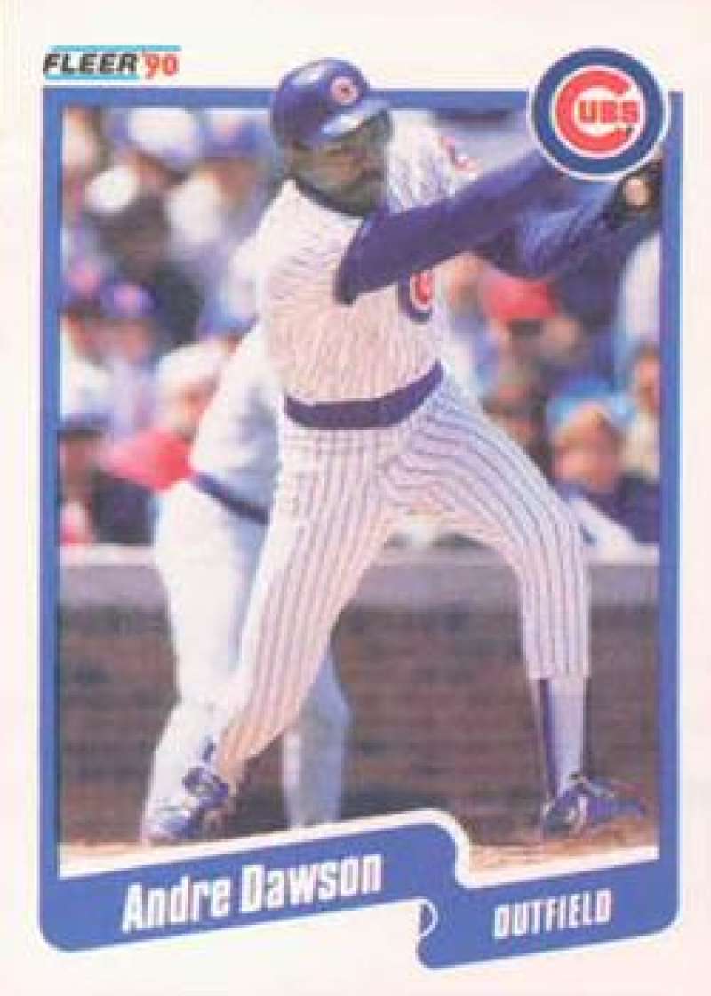 Baseball card of Andre Dawson in Chicago Cubs pinstriped uniform during batting stance