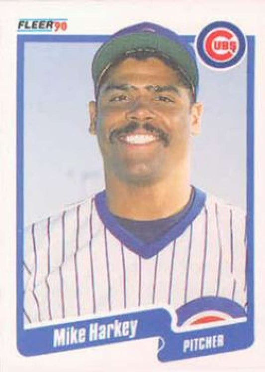 1990 Fleer baseball card of Mike Harkey in pinstriped Chicago Cubs uniform