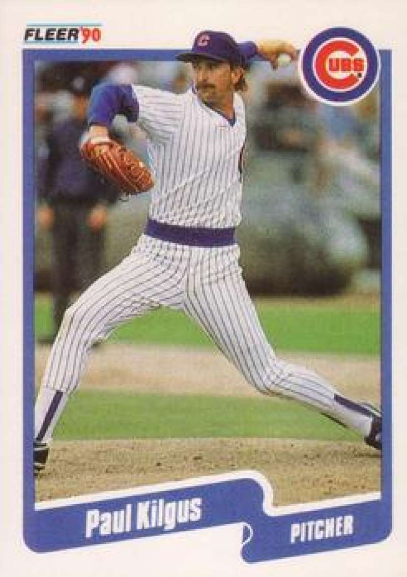 Paul Kilgus delivering pitch in pinstriped uniform on Chicago Cubs baseball card