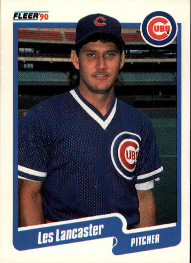 1990 Fleer Les Lancaster baseball card of Chicago Cubs pitcher in navy uniform