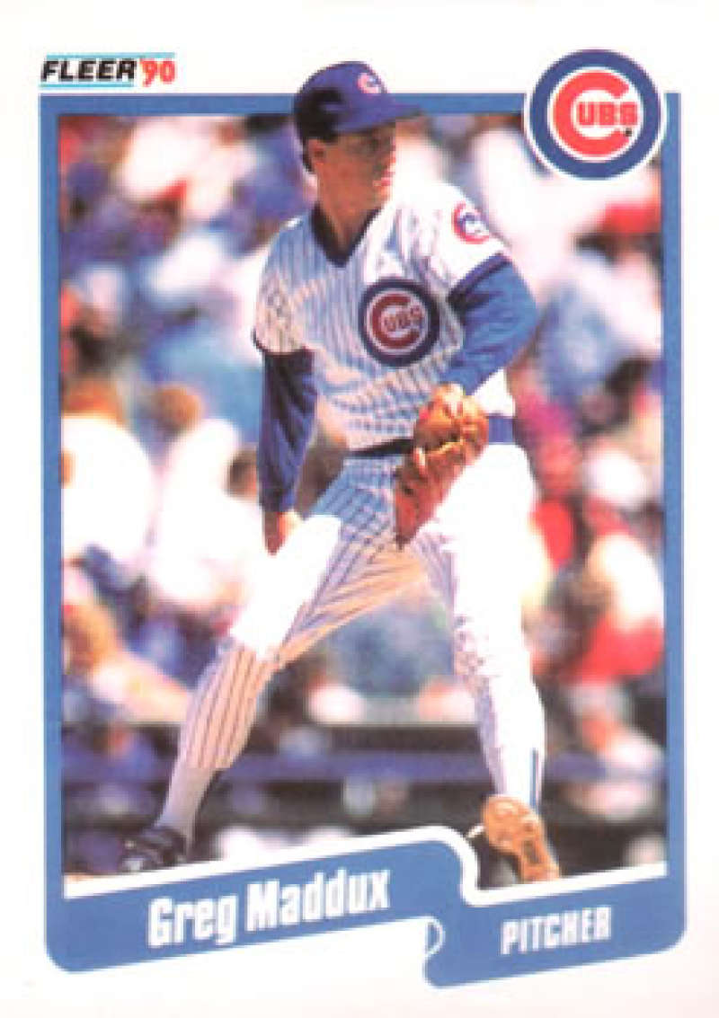 1990 Fleer Greg Maddux baseball card featuring Chicago Cubs pitcher mid-delivery