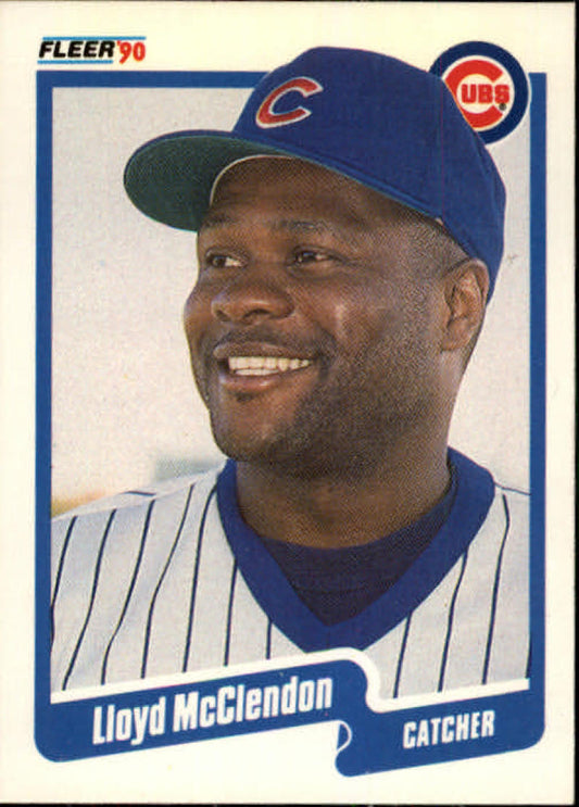 Lloyd McClendon smiling on his 1990 Fleer Chicago Cubs baseball card in pinstripes