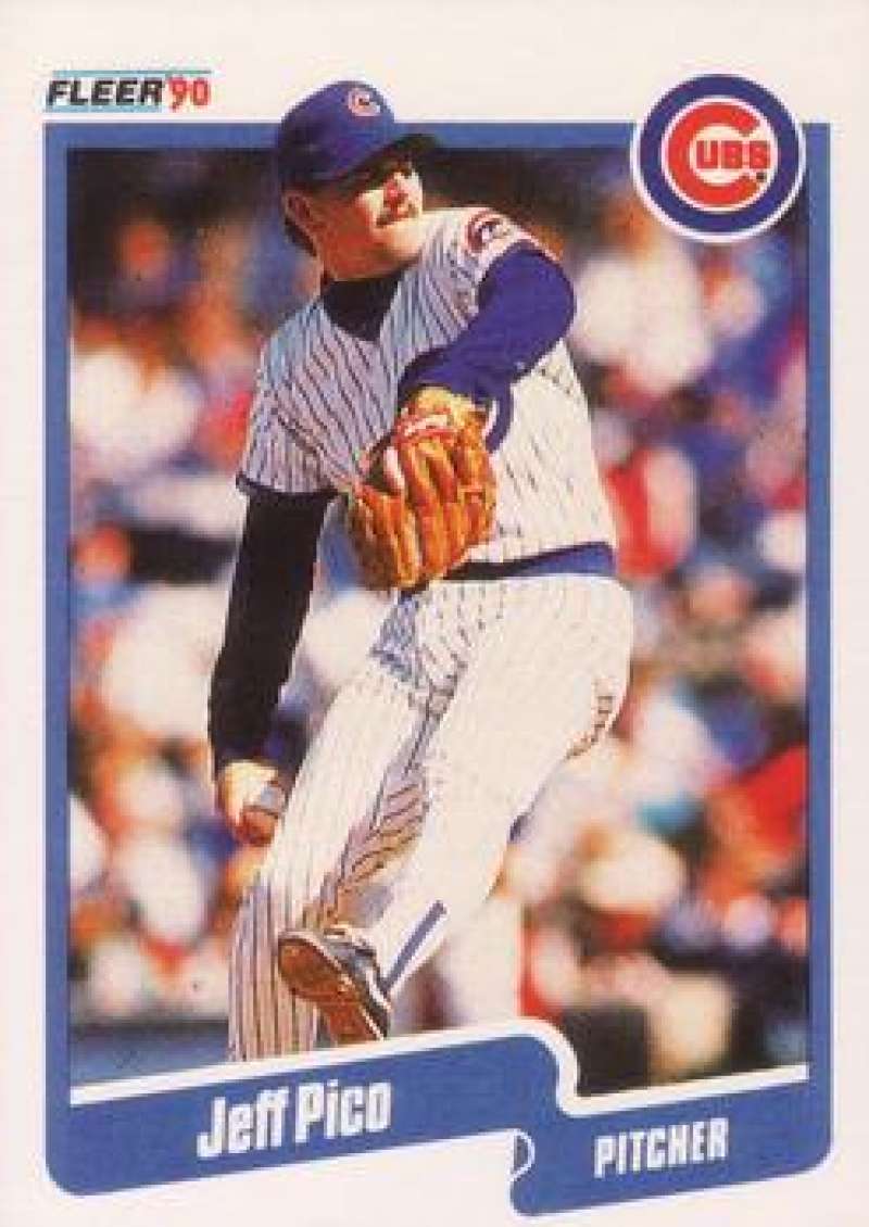 1990 Fleer Jeff Pico Chicago Cubs baseball card with pitcher in mid-throw motion