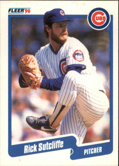 1990 Fleer Rick Sutcliffe Chicago Cubs Baseball Card showing pitcher in pinstriped uniform