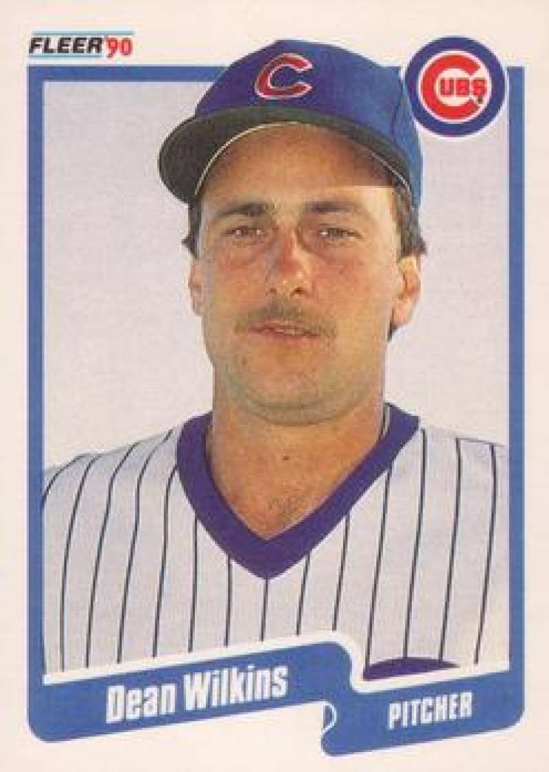 1990 Fleer Dean Wilkins Rookie Card featuring Chicago Cubs pitcher in pinstriped uniform