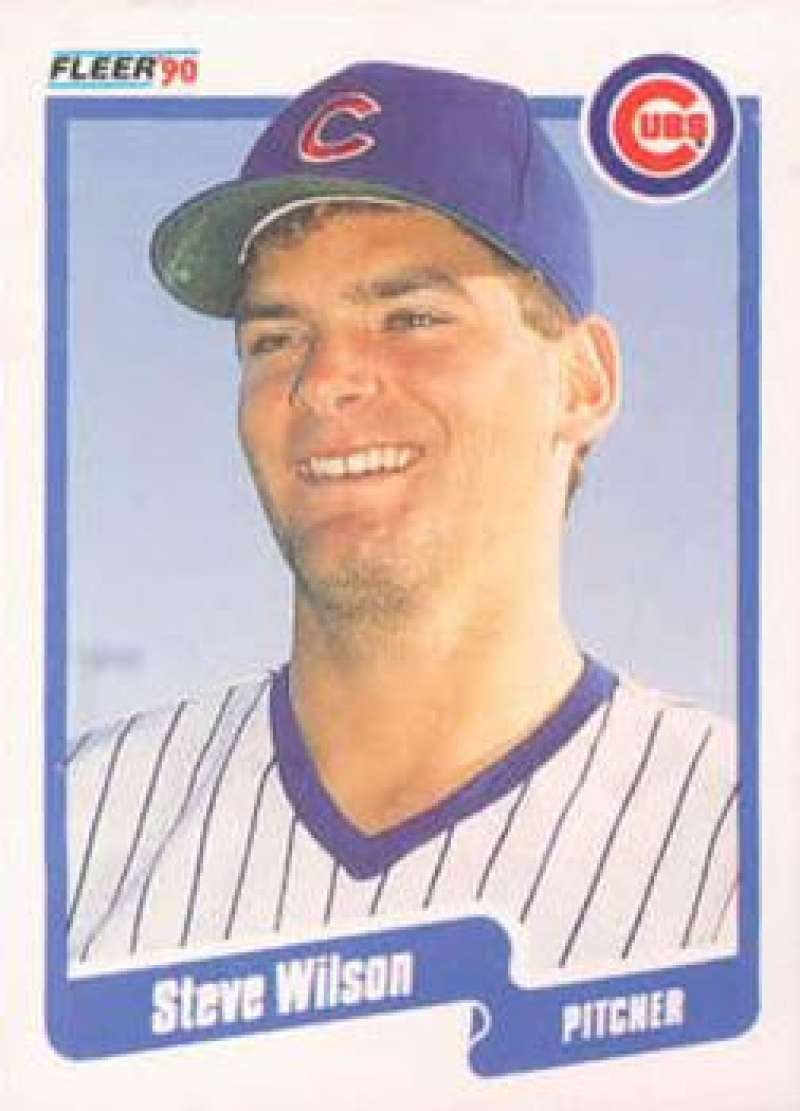 1990 Fleer baseball card of Steve Wilson in Chicago Cubs pinstriped uniform